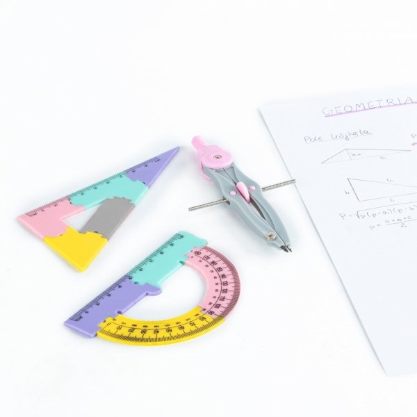 ZESTAW GEOMETRYCZNY 4 elem PUZZLE 20 cm EKIERKA CYRKIEL KĄTOMIERZ KIDEA