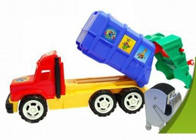 Śmieciarka żółto-czerwona z mechanizmem załadunkowym LESZKO