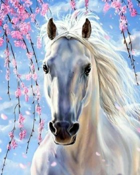 Malowanie po numerach Biały koń pod różowymi gałązkami 50x40cm 1007632