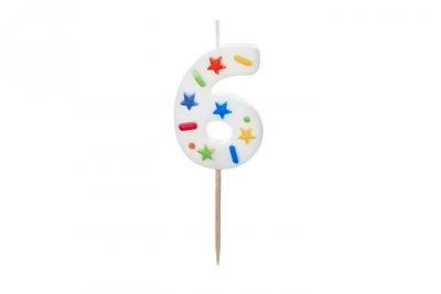 PARTYDECO Świeczka urodz.Cyfra 6 biała konfetti 5,5cm 40175