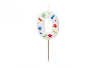 PARTYDECO Świeczka urodz.Cyfra 0 biała konfetti 5,5cm 39933