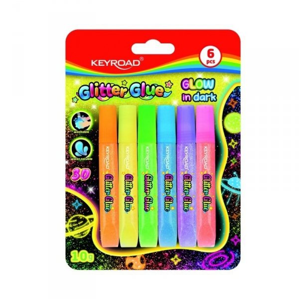 Klej brokatowy KEYROAD fluorescencyjny, świecący w ciemności 6 kolorów x 10g