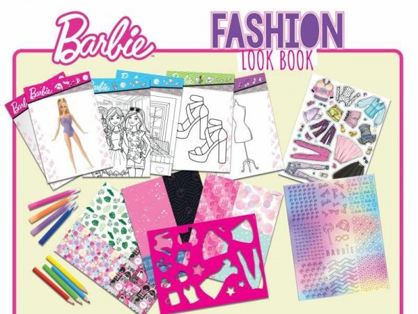 PROMO Szkicownik Barbie Fashion Look Book 12877 + 4 pisaki, 4 kredki, arkusz ze wzorami, naklejki