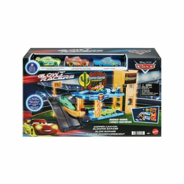 PROMO Cars Garaż Copper Canyon + 3 autka Glow Racers HPX75 MATTEL