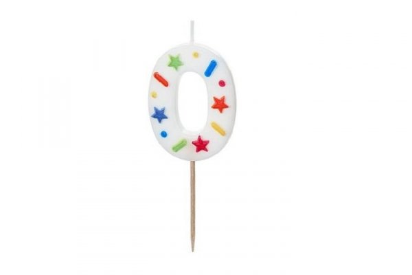 PARTYDECO Świeczka urodz.Cyfra 0 biała konfetti 5,5cm 39933