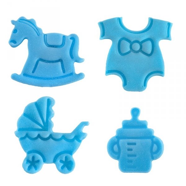 Dekoracja cukrowa na tort CHRZEST baby shower NIEBIESKI 4szt