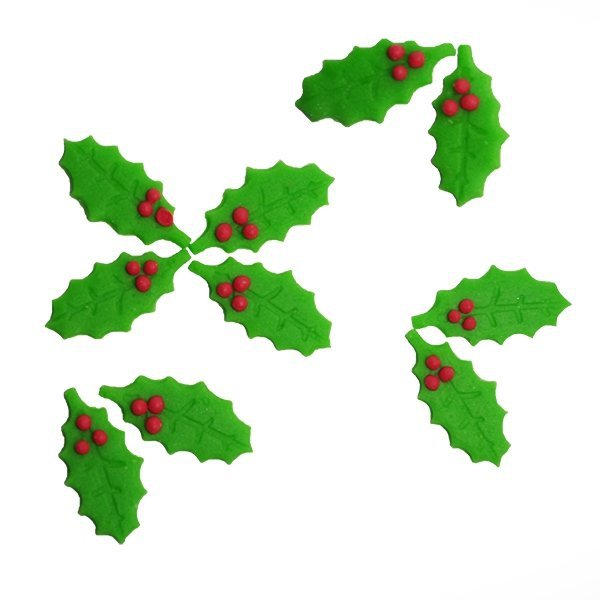 Dekoracja cukrowa na tort muffinki ŚWIĄTECZNA listki ostrokrzewu 10szt.