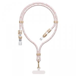 4w1 Kabel przewód smycz USB-A / USB-C / iPhone Lightning PD QC 65W 1.5m - różowy