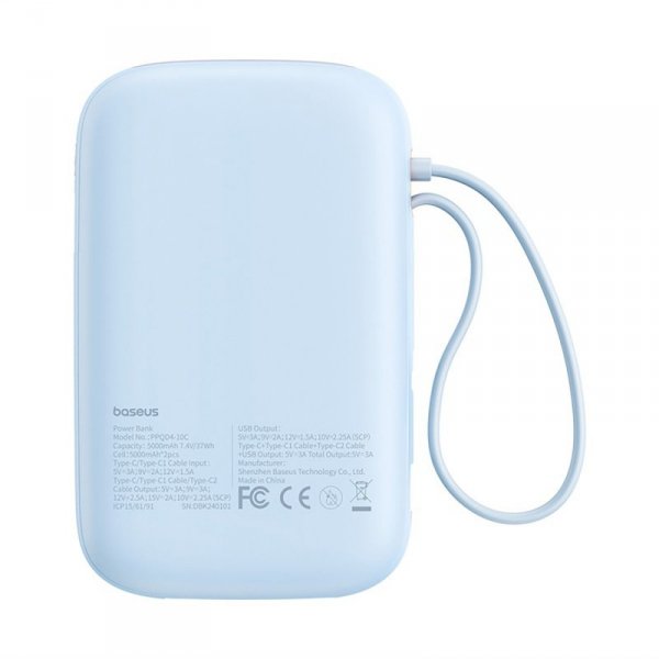 Power bank 10000mAh QPow 2 30W z wbudowanymi kablami USB-C - niebieski