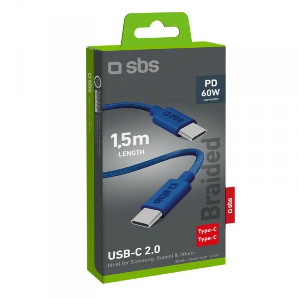 Kabel przewód w oplocie USB-C - USB-C 60W 1.5m - niebieski