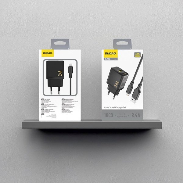 Ładowarka sieciowa USB-A z kablem USB-A - iPhone Lightning 2.4A GaN EU - czarna