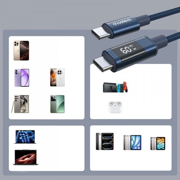 Kabel przewód USB-C z wyświetlaczem PD 60 W 1.2 m - niebieski