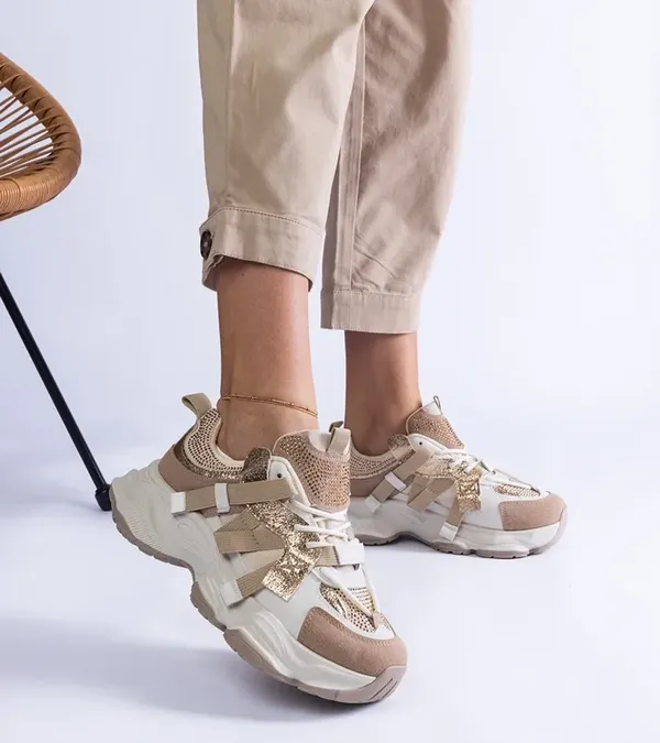 Beżowe sneakersy ze złotymi wstawkami Candra