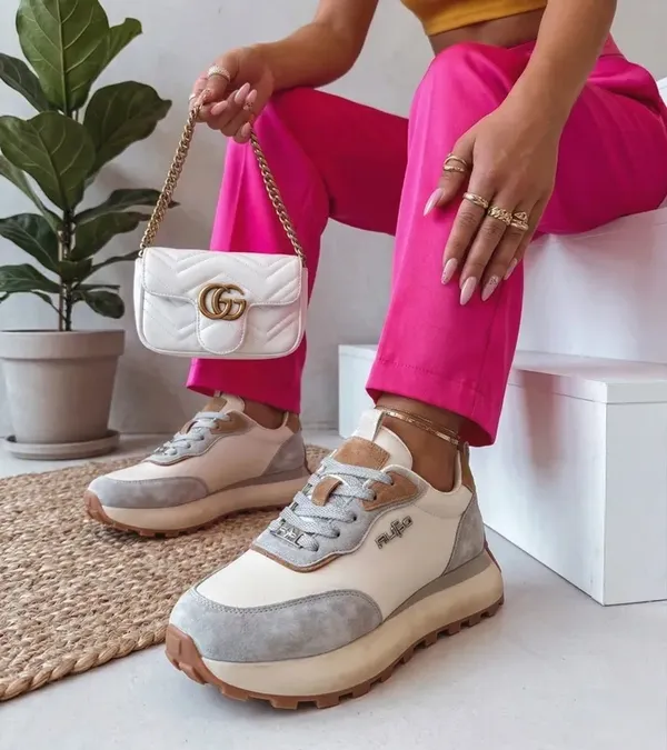 Beżowe Skórzane Sneakersy Na Platformie Filippo