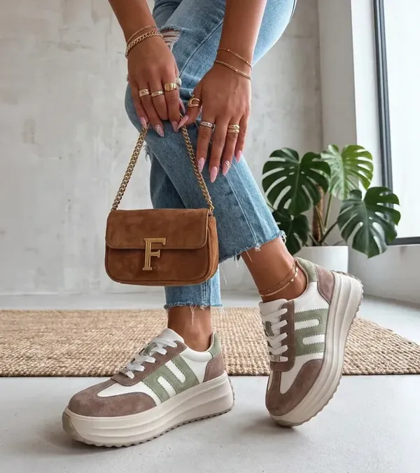 Beżowe Skórzane Sneakersy Na Platformie Filippo