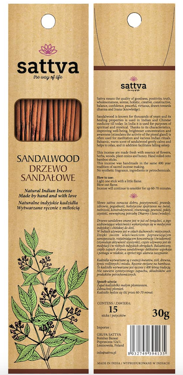 Sandalwood Natural Incense Sticks, Sattva, 30g