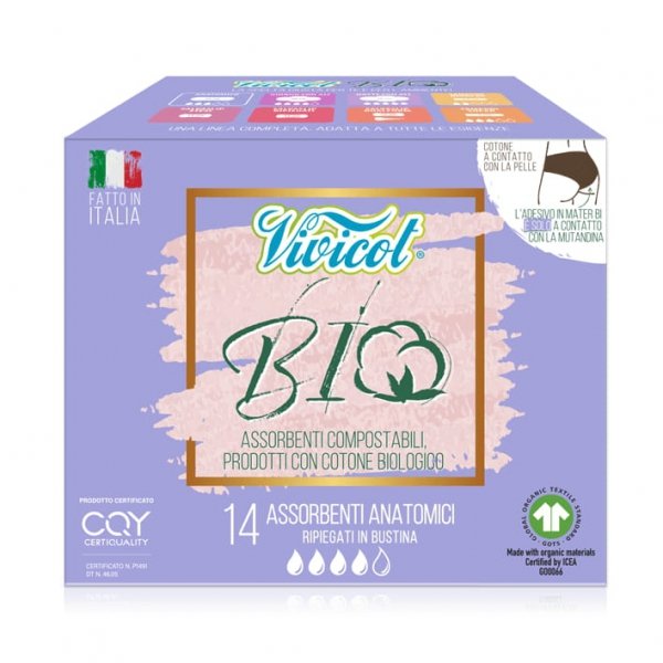 Podpaski ANATOMIC ultra cienkie, z organicznej bawełny, niebielone chlorem, KOMPOSTOWALNE, Vivicot BIO, 14 sztuk