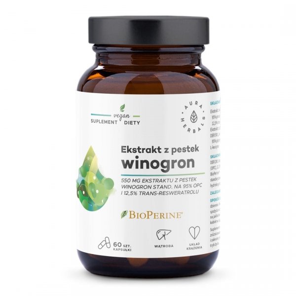 Ekstrakt z pestek winogron 550 mg, 95% OPC, Aura Herbals, 60 kapsułek