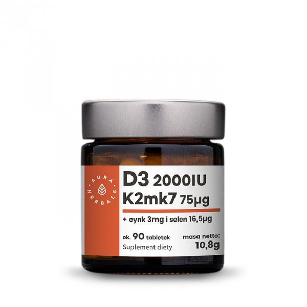AURA HERBALS Witamina D3 2000IU + K2MK7 + Cynk + Selen 90 tabletek