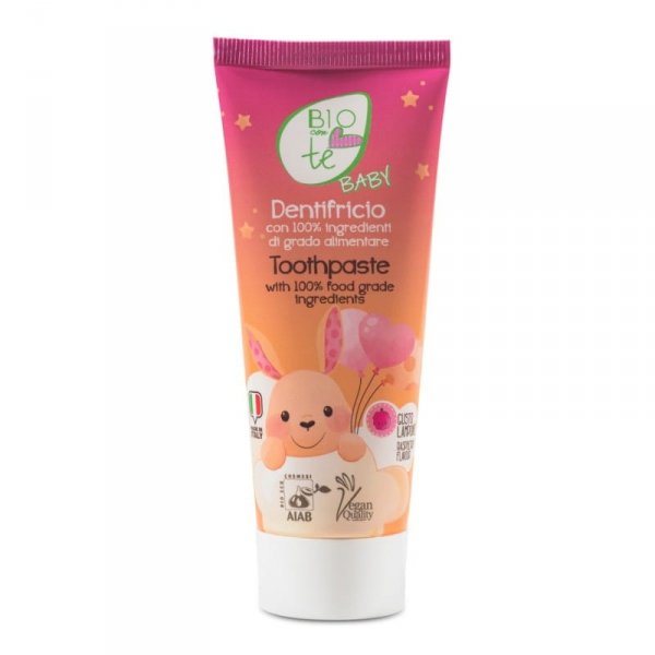 Pasta dla dzieci od pierwszego ząbka, ALOES i RUMIANEK, 100% jadalnych składników, malinowa, Pierpaoli Biocontè Baby, 75ml