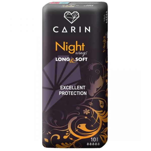 Podpaski higieniczne NIGHT WINGS LONG & SOFT, CARIN 10 sztuk