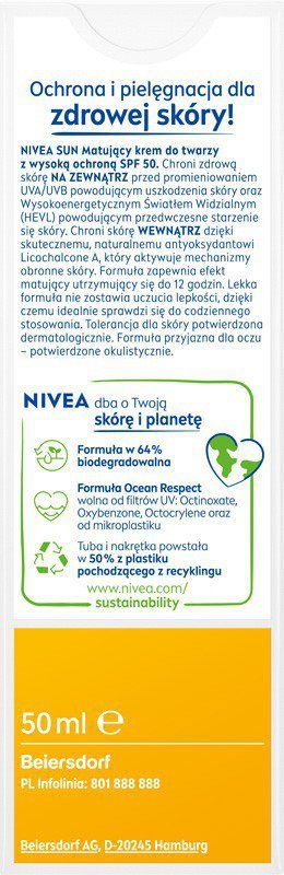 NIVEA SUN Krem SPF 50 matujący wyrów.koloryt 50ml