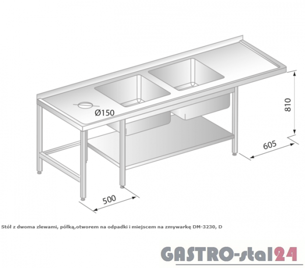 Stół z dwoma zlewami, półką, otworem na odpadki i miejscem na zmywarkę DM 3230 szerokość: 600 mm (2300x600x850)