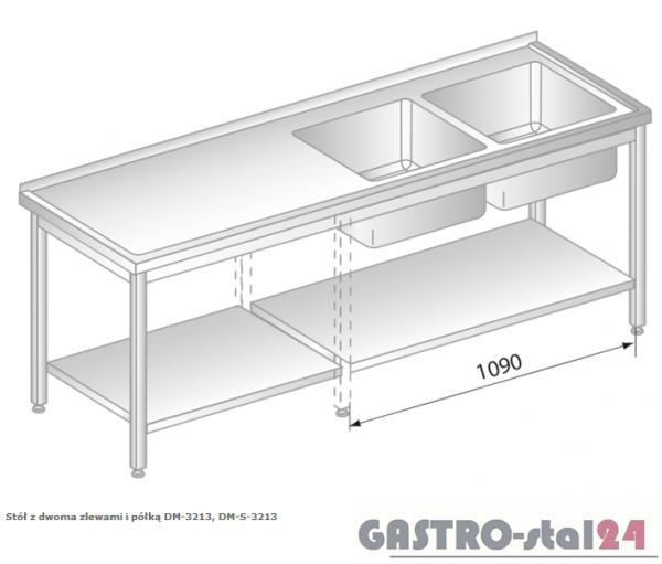 Stół z dwoma zlewami i półką DM 3213 szerokość: 600 mm  (1400x600x850)