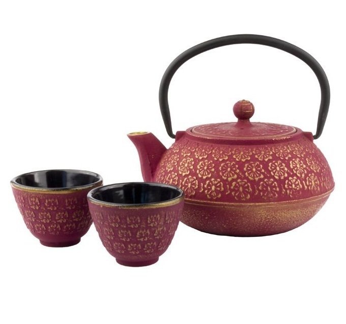 Bredemeijer SHANGHAI Dzbanek Żeliwny - Zaparzacz do Herbaty 0,6 l Czerwony + 2 Porcelanowe Filiżanki