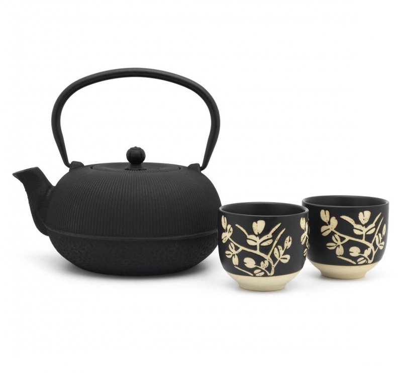 Bredemeijer SICHUAN Dzbanek Żeliwny - Zaparzacz do Herbaty 1,0 l Czarny + 2 Porcelanowe Filiżanki