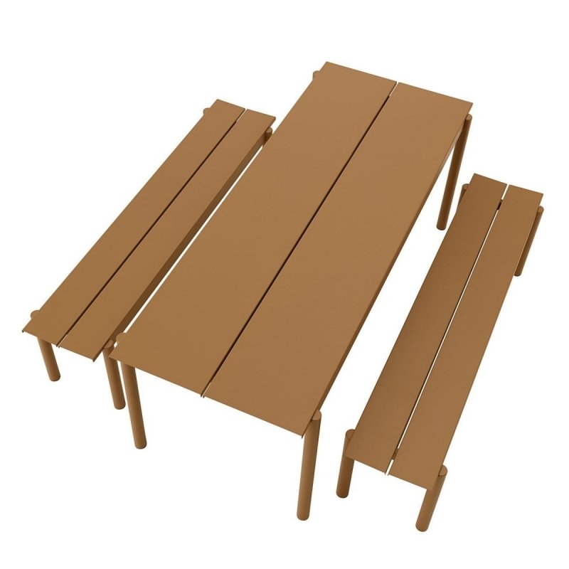 Muuto LINEAR Zestaw Mebli Ogrodowych - Stół 200 cm + 2 Ławki - Pomarańczowy