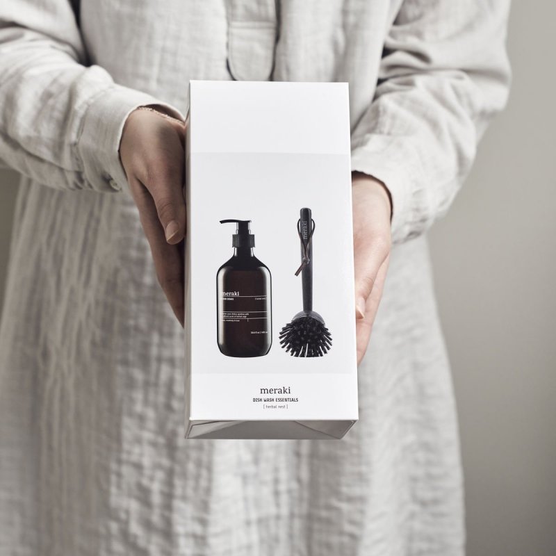 Meraki HOME Dozownik - Ekologiczny Płyn do Mycia Naczyń 490 ml Herbal Nest + Szczotka do Naczyń - Zestaw Prezentowy