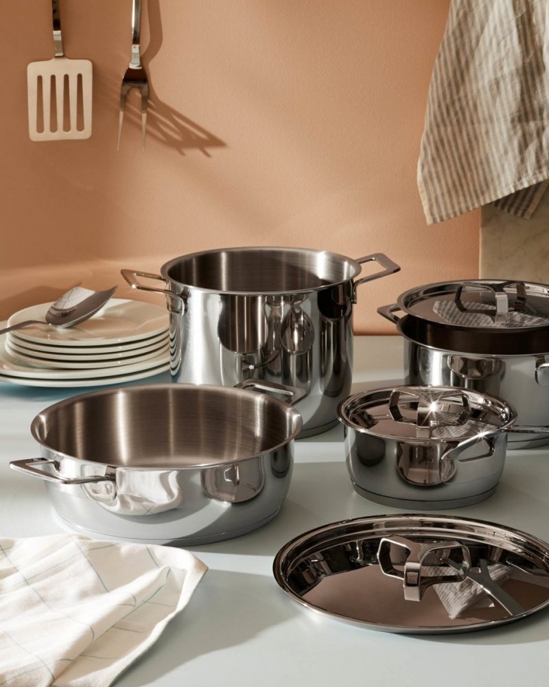 Alessi POTS &amp; PANS Komplet do Gotowania - Zestaw Garnków 7 El. Srebrny