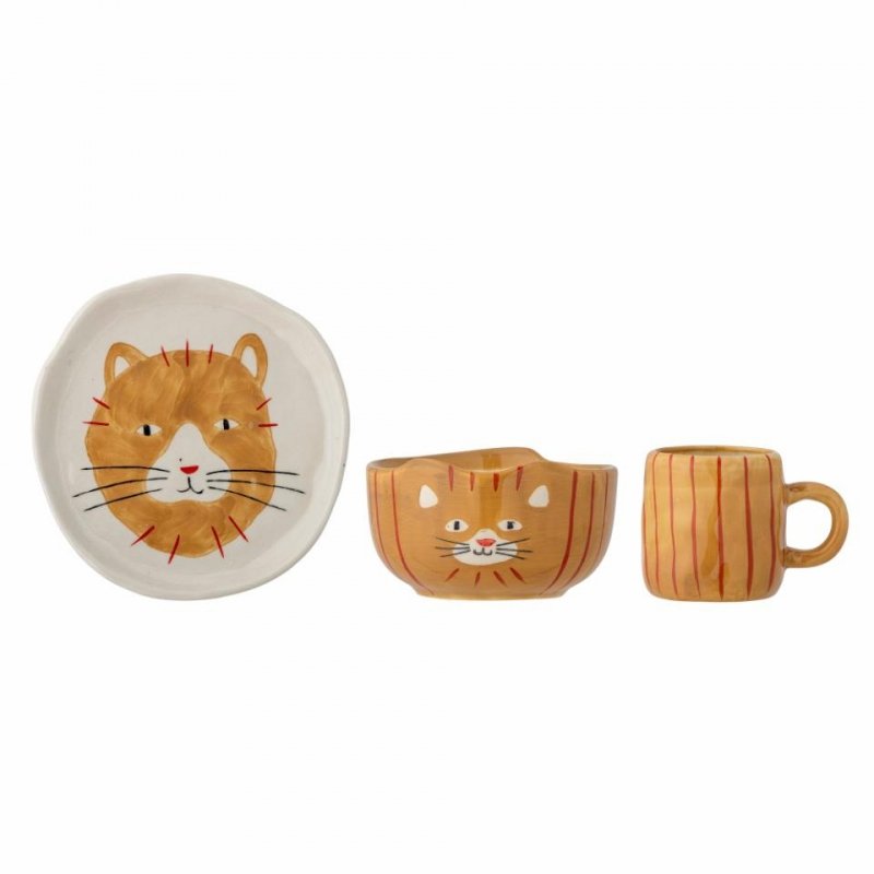 Bloomingville KITTIE Ceramiczny Zestaw Naczyń dla Dzieci z Motywem Kotka / 3 El.