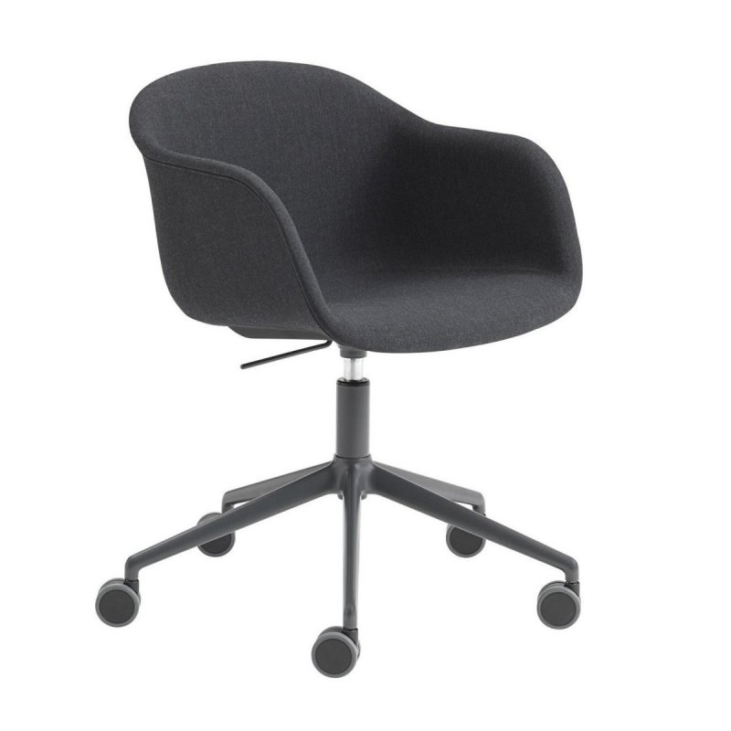 Muuto FIBER ARMCHAIR SWIVEL BASE Krzesło Obrotowe na Kółkach Czarne - Siedzisko Tapicerowane Czarną Tkaniną Remix 183 / Metalowa Rama