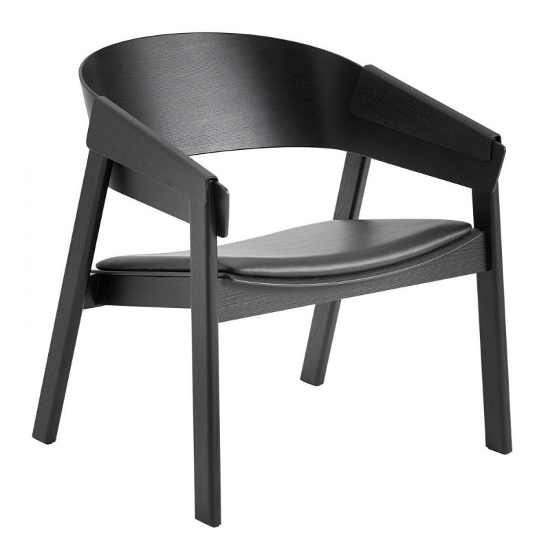 Muuto COVER LOUNGE Krzesło Drewniane - Czarne / Tapicerowane Siedzisko z Czarnej Skóry