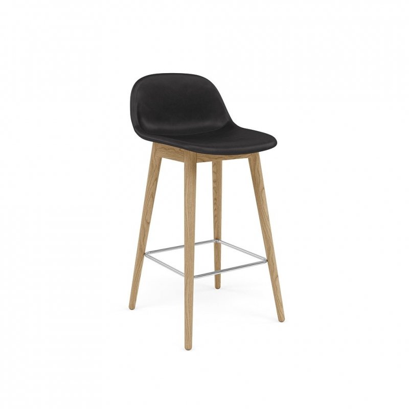 Muuto FIBER Hoker z Oparciem - Stołek Barowy 65 cm Dębowy Naturalny / Siedzisko Tapicerowane Czarna Skóra