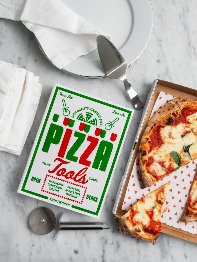 Nóż do pizzy i łopatka Printworks w pudełku książkowym