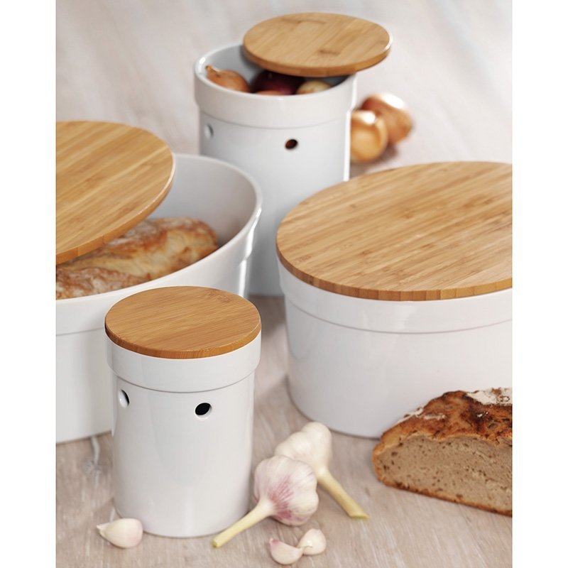 Kela SALENA Ceramiczny Chlebak z Bambusową Deską / Biały