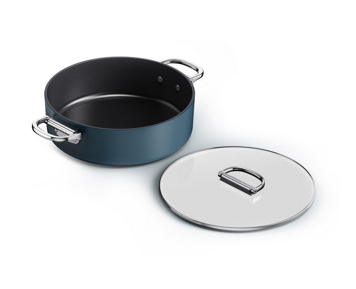 Joseph Joseph SPACE Garnek Niski ze Składanym Uchwytem i Pokrywką 28 cm / Granatowy
