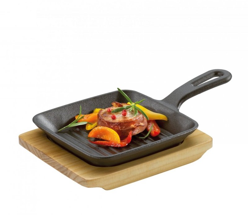 Küchenprofi BBQ Żeliwna Mini Patelnia Grillowa na Drewnianej Podstawce