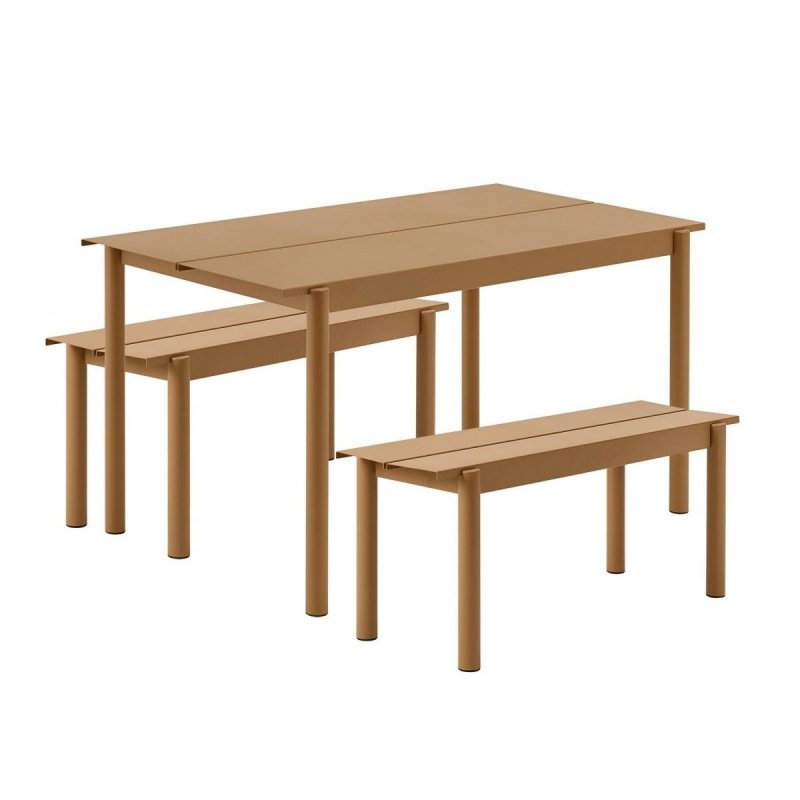 Muuto LINEAR Zestaw Mebli Ogrodowych - Stół 140 cm + 2 Ławki - Pomarańczowy