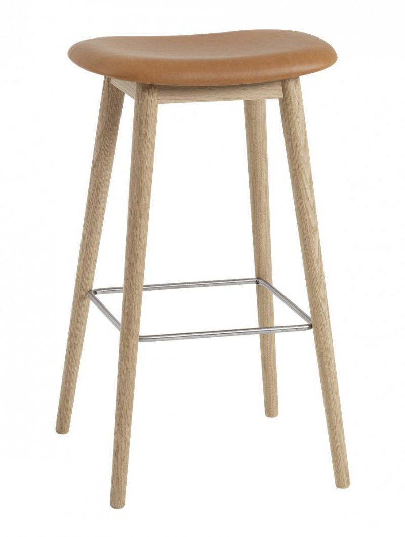 Muuto FIBER SIDE Hoker - Stołek Barowy 75 cm Dębowy Tapicerowany / Siedzisko Brązowa Skóra Cognac