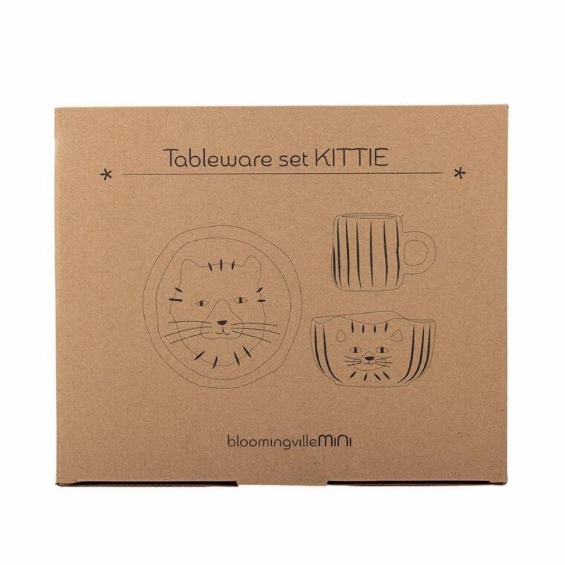 Bloomingville KITTIE Ceramiczny Zestaw Naczyń dla Dzieci z Motywem Kotka / 3 El.