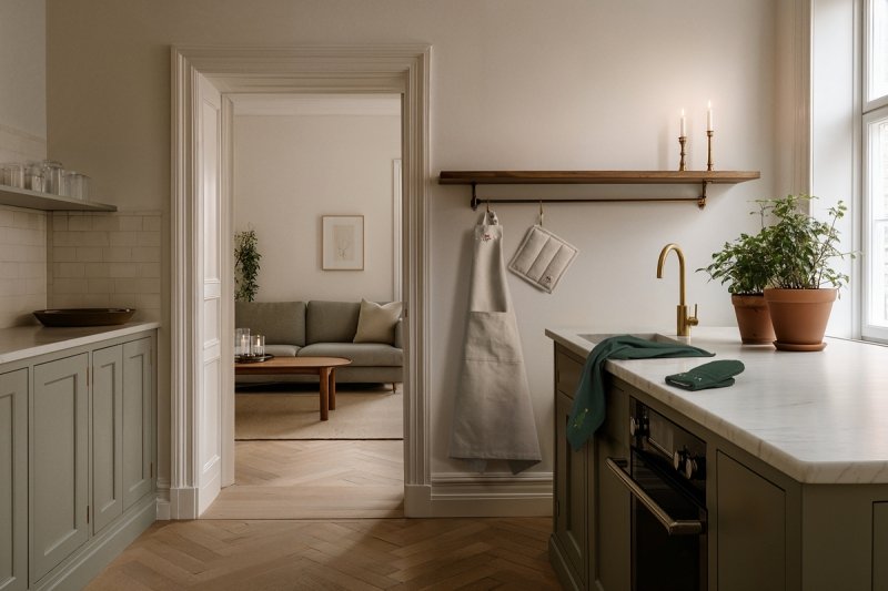 Fartuch Christmas Fable Juna w kolorze piaskowym na tle kuchni