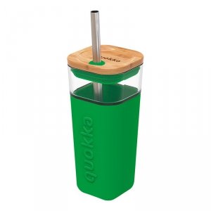Quokka Liquid Cube - Kubek szklany 540 ml ze słomką ze stali nierdzewnej (Green)