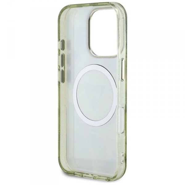 Guess Glitter Flowers Triangle Buttons MagSafe - Etui do iPhone 16 Pro Max (zielony)