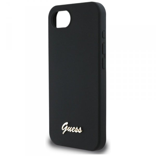 Guess Silicone Script Metal Logo MagSafe - Etui do iPhone 16e (czarny)