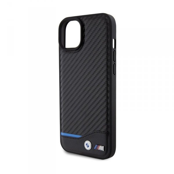 BMW Leather Carbon Blue Line - Etui iPhone 15 Plus (czarny)
