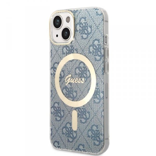 Guess Bundle Pack MagSafe 4G - Zestaw etui + ładowarka MagSafe iPhone 14 Plus (niebieski/złoty)